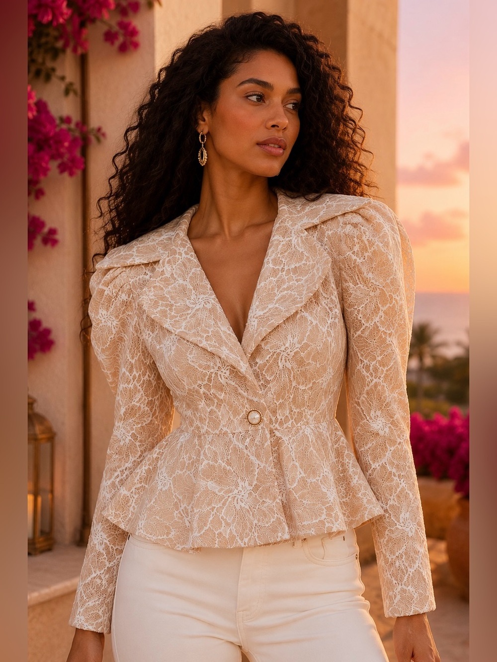 Lace Peplum Blouse Jacket in Cream-Beige